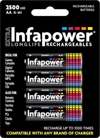 Infapower Rechargeable Batteries AA 2500mAh (4) Ni-Mh (Compatible with any Charger) B004 (Pack of 10)