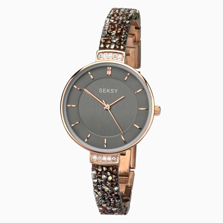 Seksy Rocks Ladies Watch | Rose Gold Case & Leather Bracelet With Grey Dial | 2579