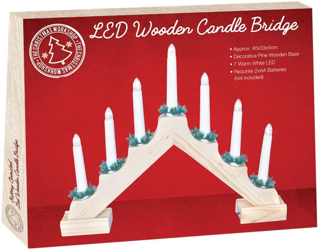 The Christmas Workshop Wooden Christmas Candle Bridge Pine Wood Finish Warm White LED Colour 40cm x 33cm x 5cm Battery Powered