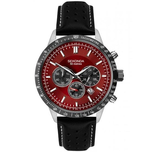 Sekonda Mens Sports Chronograph Dated Red Dial Leather strap watch 1938