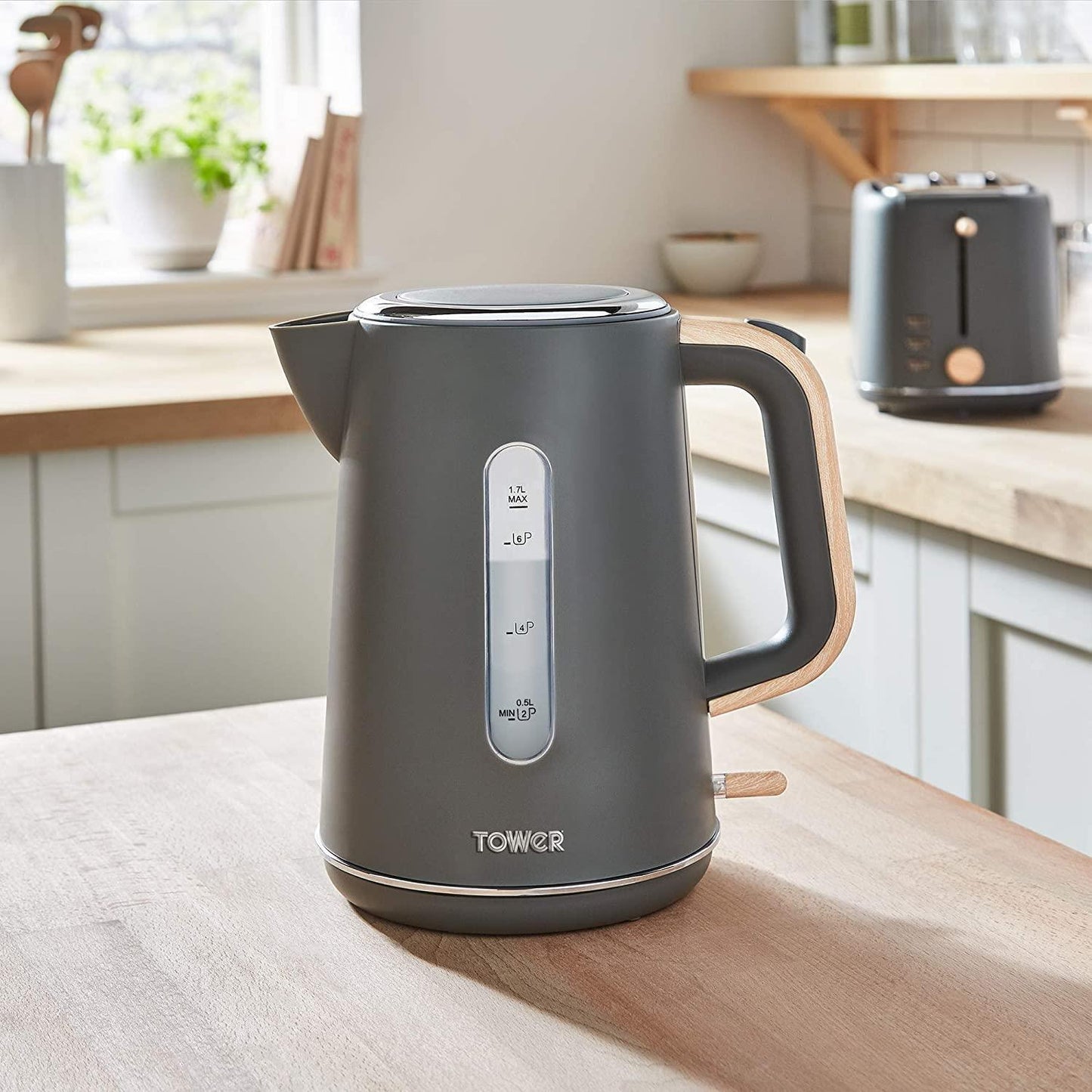 Tower Scandi Cordless Rapid Boil Kettle 1.7L 3000w Grey/Wood Accents- T10037G