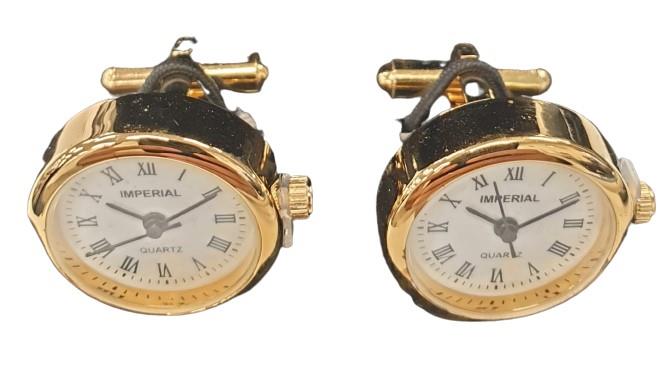 Miniature Clock Goldtone Plated Metal Cufflinks Solid Brass IMP414 - CLEARANCE NEEDS RE-BATTERY