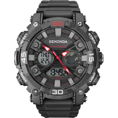 Sekonda Mens Chronograph Dual Time Black Rubber Strap Watch  - 1036