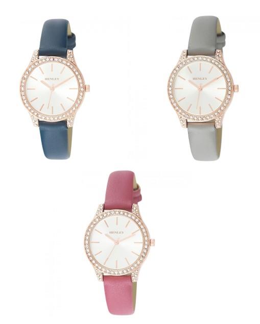 Henley Women's Fashion Petite Stones Multiple Colour Available Leather Strap Watch H06143
