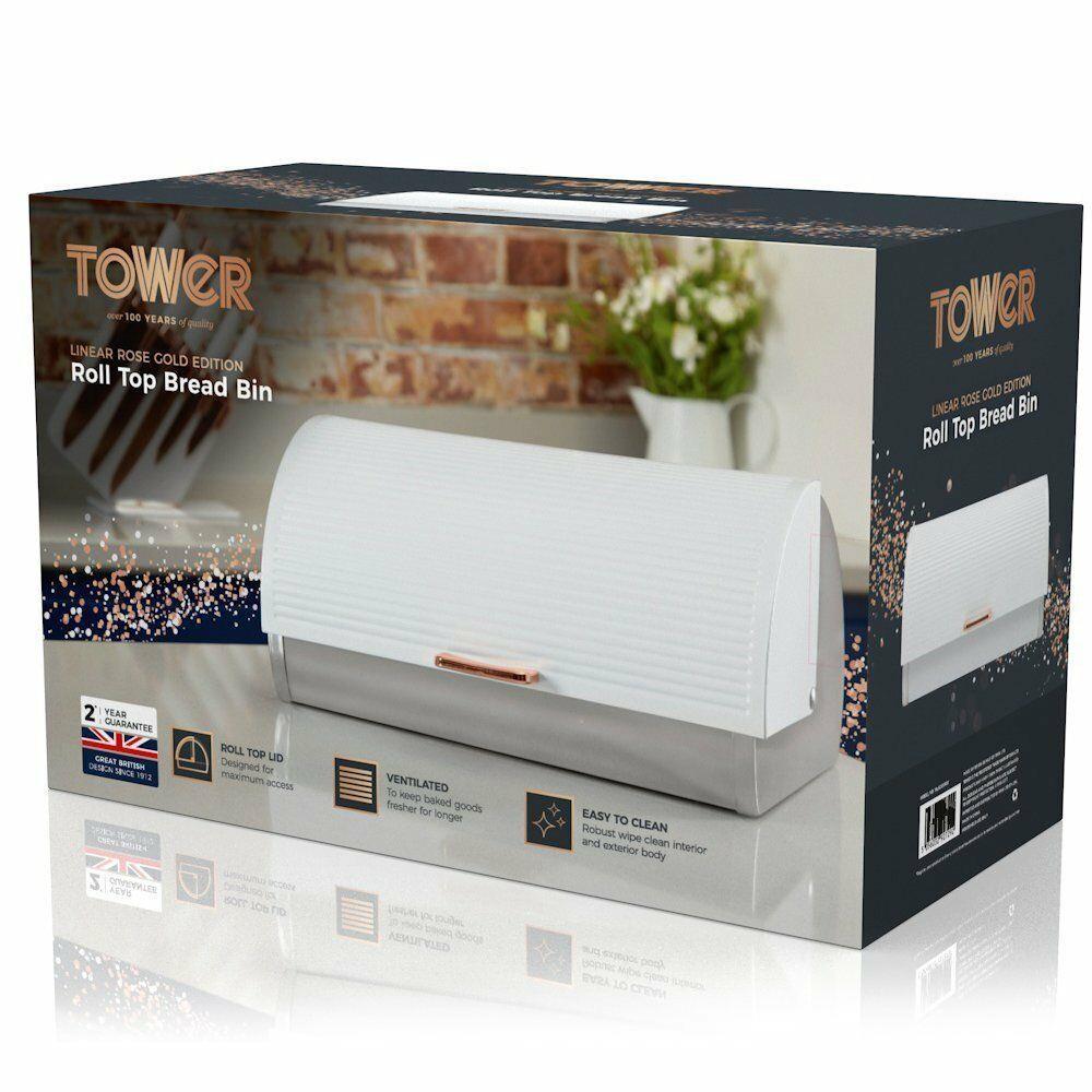 Tower Bread Bin Linear Collection Roll Top Lid Stainless Steel White and Rose Gold T826000RW