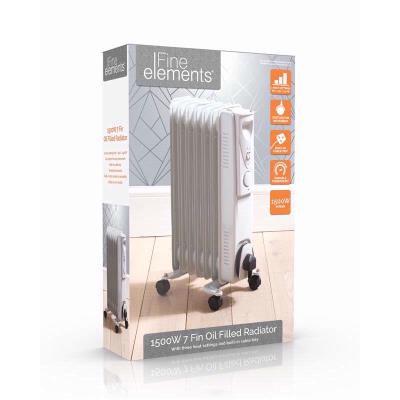 Fine Elements White 1500W Oil Radiator Heater  With Roller Wheels, 7 Fin- HEA1069