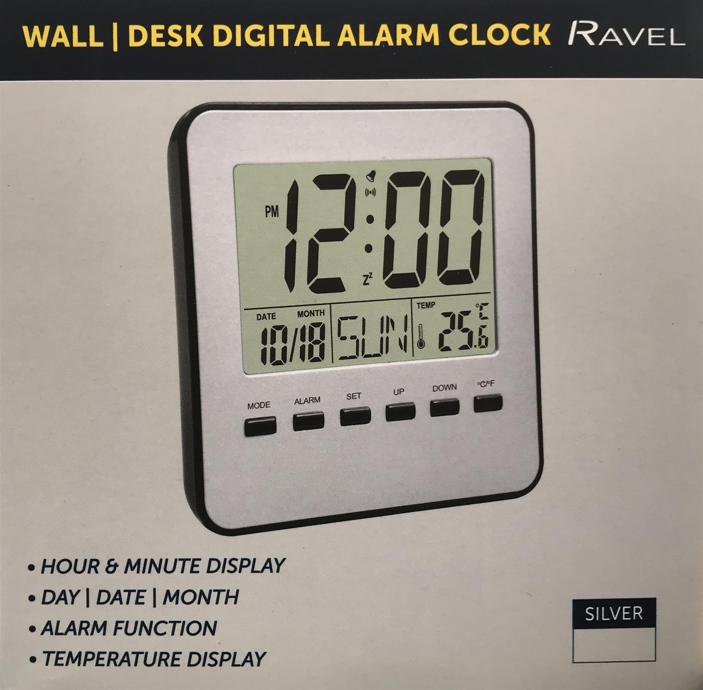 RAVEL WALL/DESK DIGITAL ALARM CLOCK GREY/SILVER RCD007.1