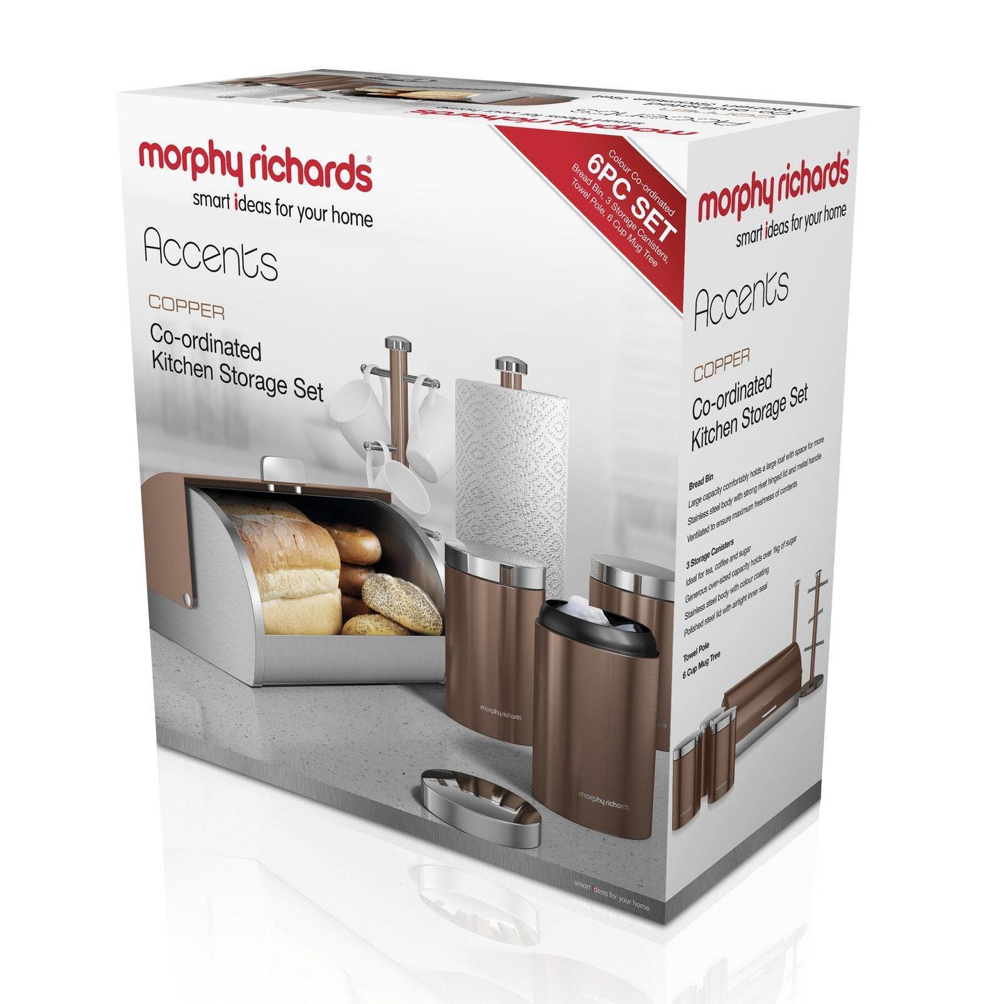 Morphy Richards Accents 6 Piece Storage Set, Copper - Breadbin Canister TowelPole Mugtree