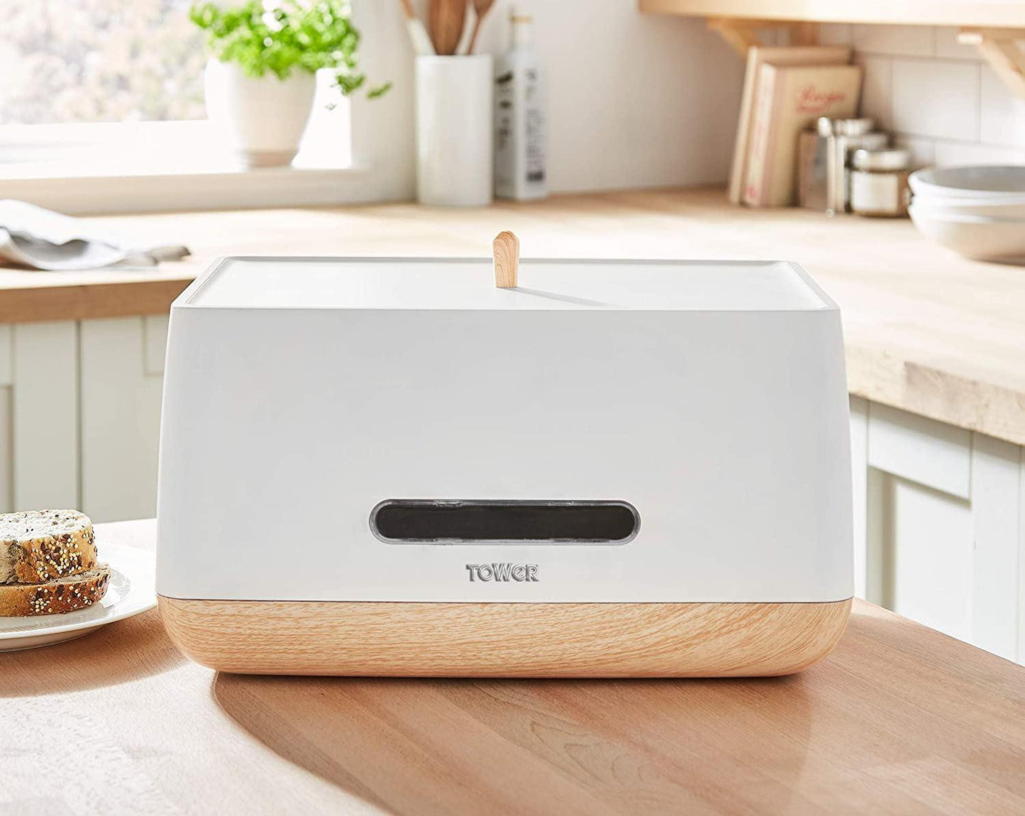 Tower Scandi Breadbin with Wood Effect Accents, White T826030W