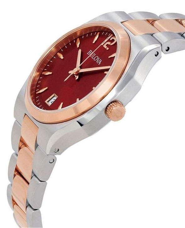 Bulova Classic Dress Ladies Quartz Watch With Burgundy Dial Analogue Display And Rose Gold/silver Ion-plated Bracelet 98m119