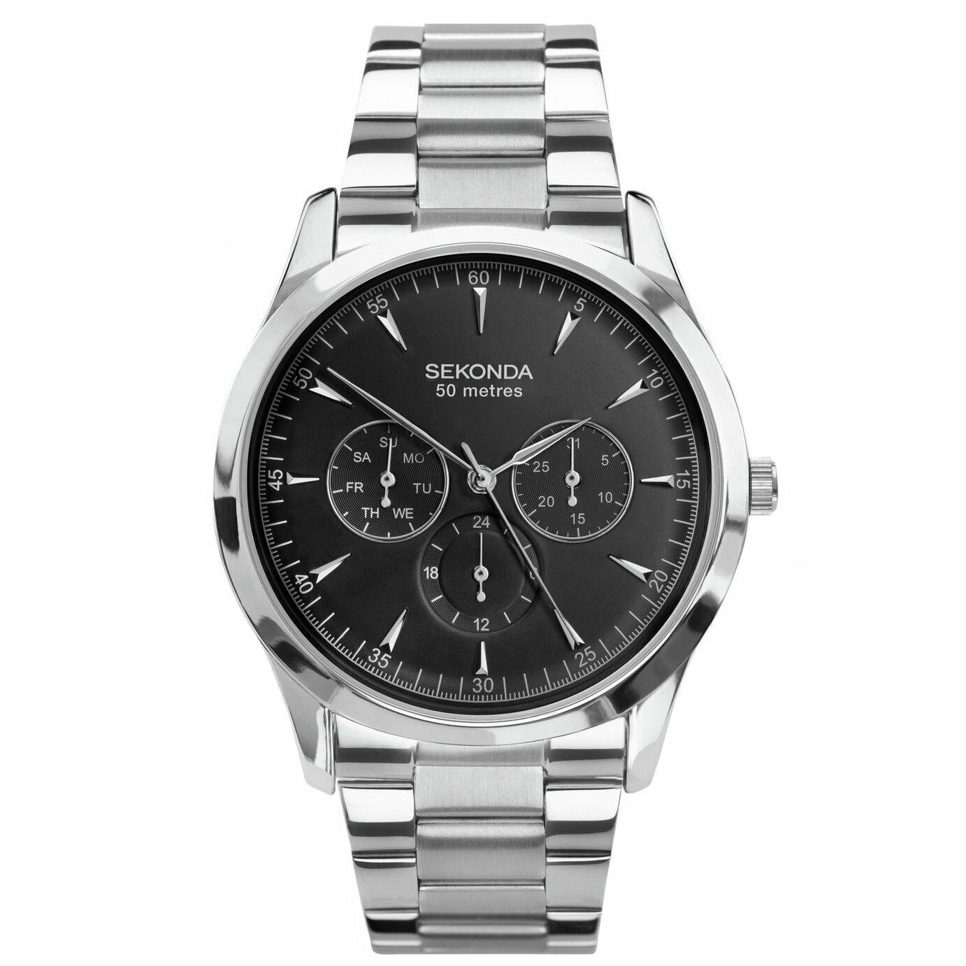 Sekonda Mens Multi-function Stainless Steel Bracelet Black Dial Analogue Watch 1756