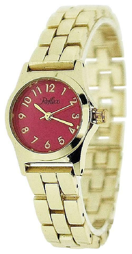 Reflex Ladies Metal Analogue Red Dial & Yellow Tone Metal Bracelet Strap Watch Lb110 - Needs Battery.