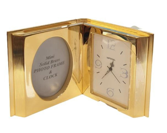Miniature Clock Goldtone Photo Frame & Clock Solid Brass IMP100 - CLEARANCE NEEDS RE-BATTERY