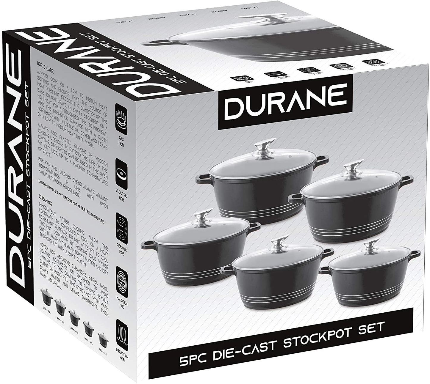 Durane Diecast Stockpot Set with Lids 5pc- Black