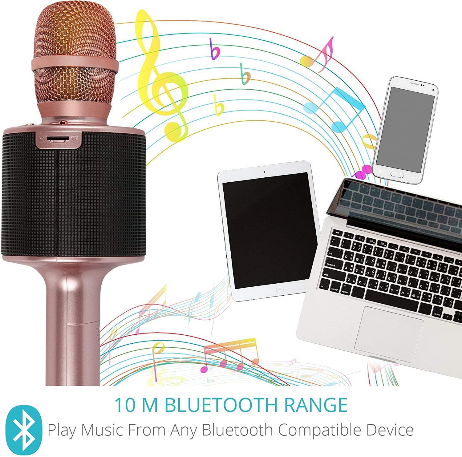 i Star Bluetooth Karaoke Microphone Wireless Karaoke Mic Pairable For Duets With Multi Colour LED Lights and 5W Speaker Rose Gold