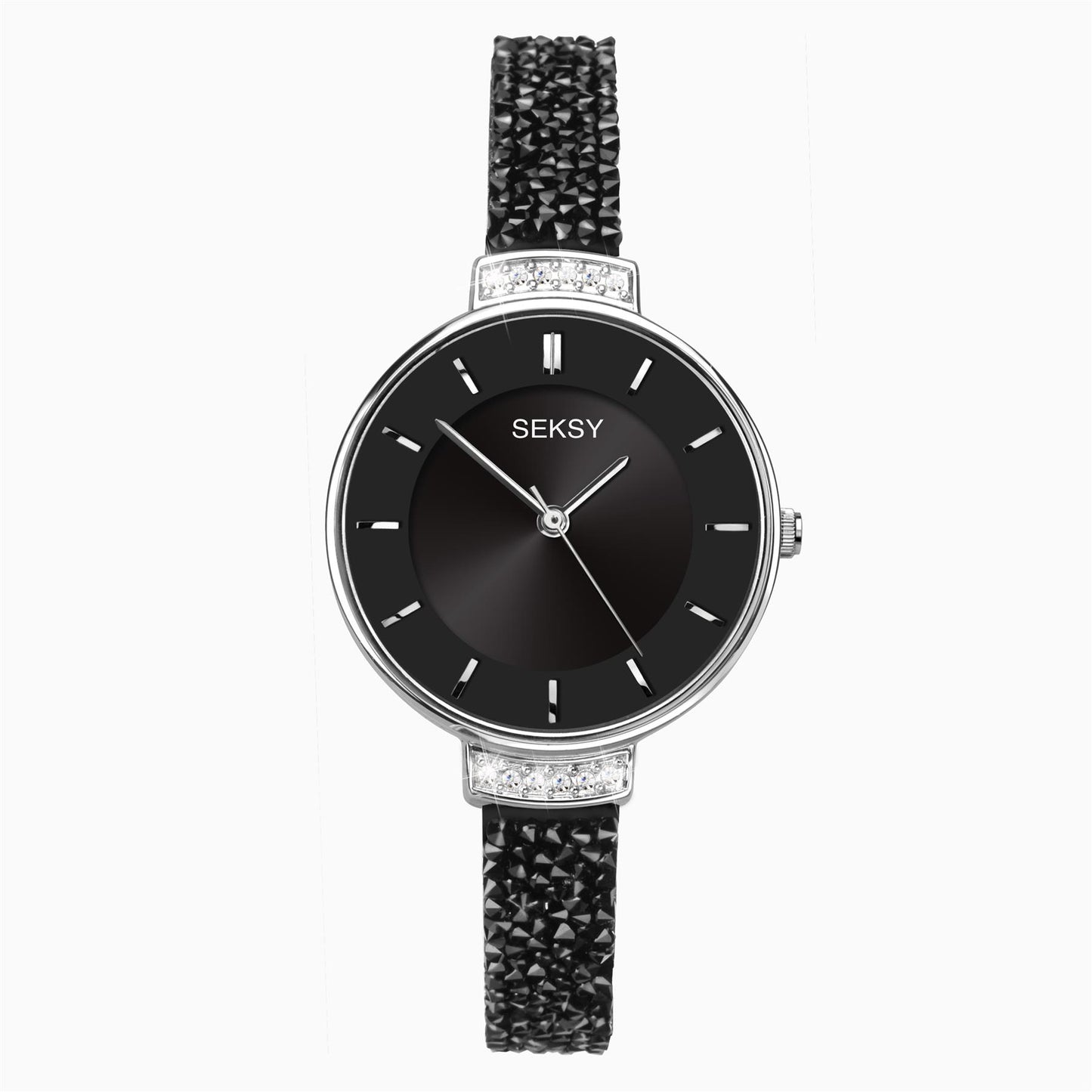 Seksy Rocks® Ladies Watch | Silver Case & Leather Bracelet With Black Dial | 2578