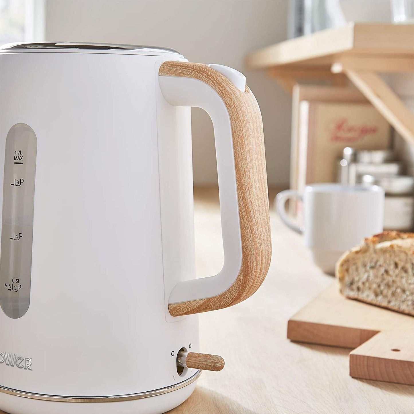 Tower Scandi Cordless Rapid Boil Kettle 1.7L 3000w White/Wood Accents T10037