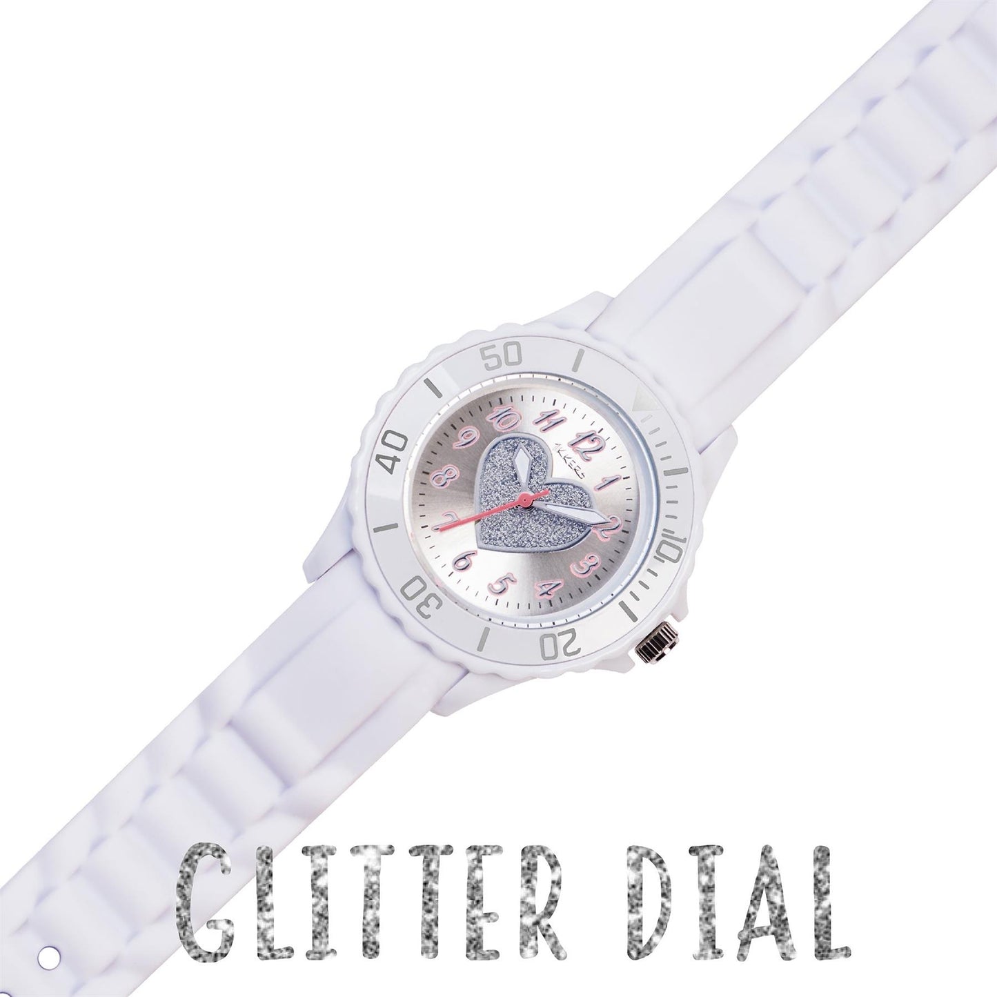 Tikkers Girls White Rubber/Silicone Strap Watch with Glitter LOVE Heart Design TK0034