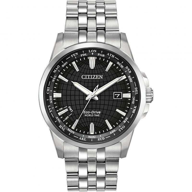 Citizen Mens  Eco-drive World Time Stainless Steel Bracelet Watch BX1000-57E