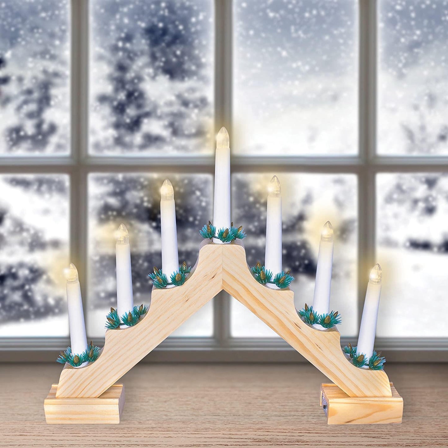 The Christmas Workshop Wooden Christmas Candle Bridge Pine Wood Finish Warm White LED Colour 40cm x 33cm x 5cm Battery Powered