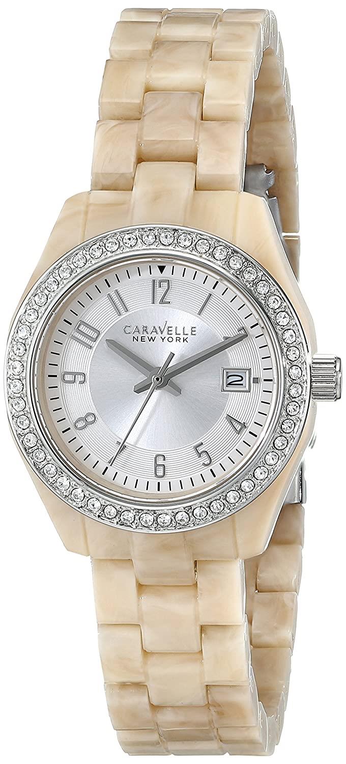 Caravelle Women's Crystal Date Ivory Plastic 28mm Watch 43M109