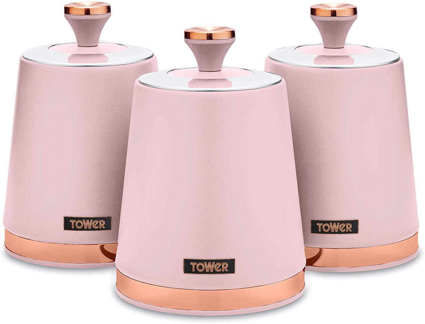 Tower T826131PNK Cavaletto Set of 3 Storage Canisters for Coffee/Sugar/Tea, Carbon Steel, Marshmallow Pink and Rose Gold