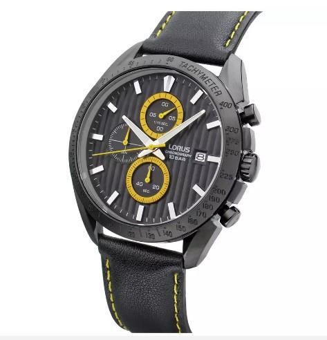 Lorus Mens Sports Chronograph Black Dial With Black Leather Strap Watch Rm309hx9