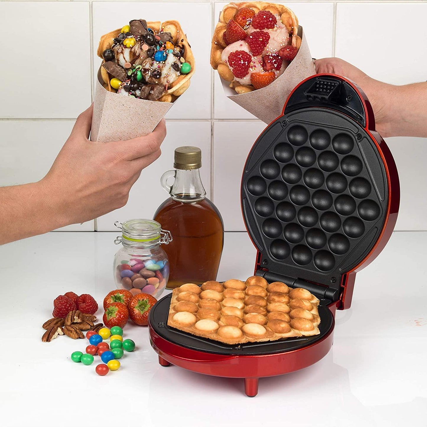 Giles & Posner Electric Bubble Waffle Maker Machine- Red