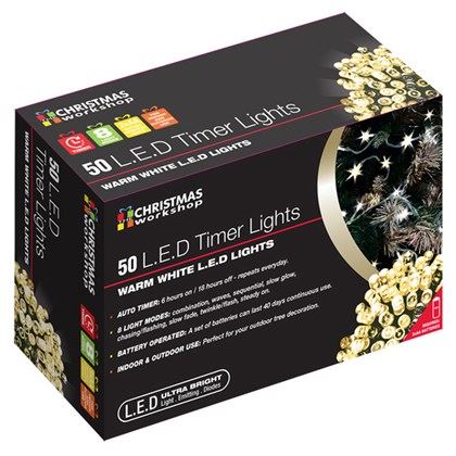 Christmas Workshop 50 LED Battery Op Timer Lights - Warm White (Carton of 20)
