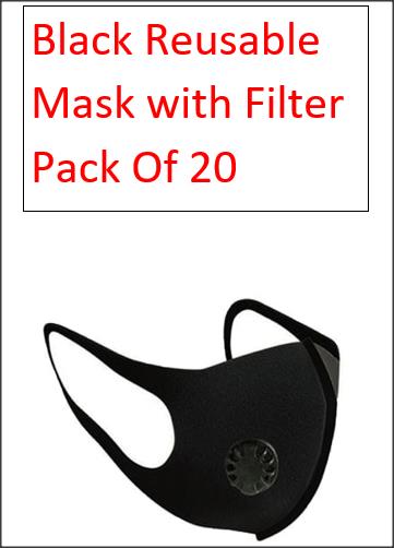 Black Reusable Mask With Filter Pack Of 20