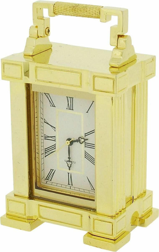Miniature Clock Gold French Mantel Clock with Handle Solid Brass IMP38H - CLEARANCE NEEDS RE-BATTERY