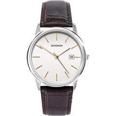 Sekonda Mens White Dial With Gold Battons, Dated, Brown Leather Strap Watch 1717