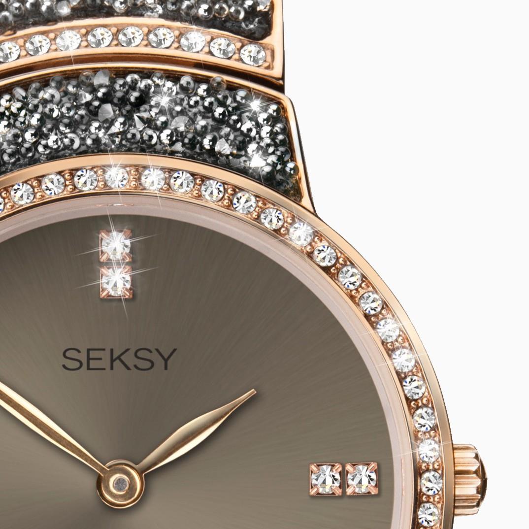 Seksy Rocks® Ladies Watch | Rose Gold Case & Brass Bracelet With Grey Dial | 2746