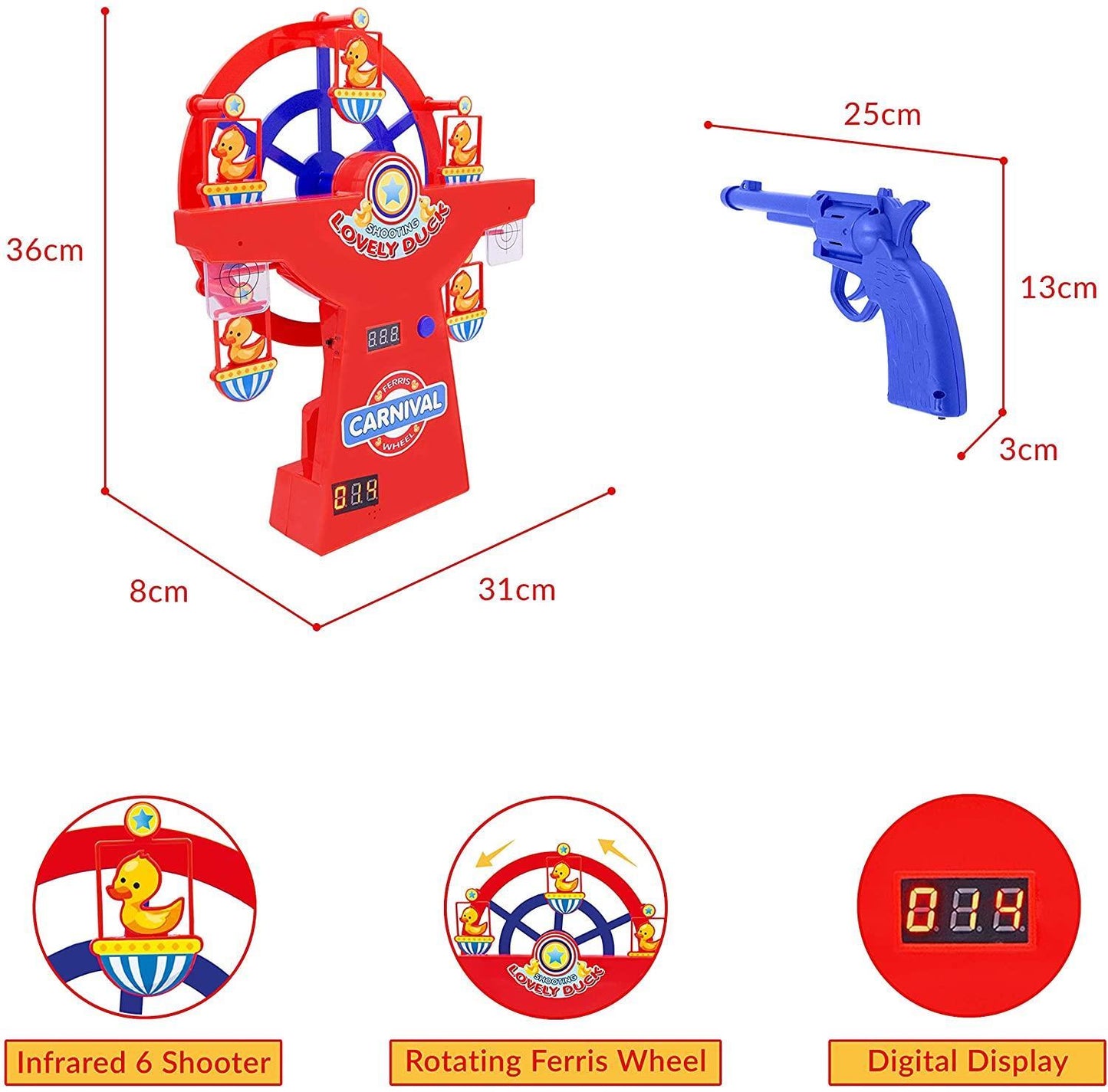 Global Gizmos 55729 Duck Shoot Carnival Game | Infrared Six Shooter | Rotating Ferris Wheel | Digital Display