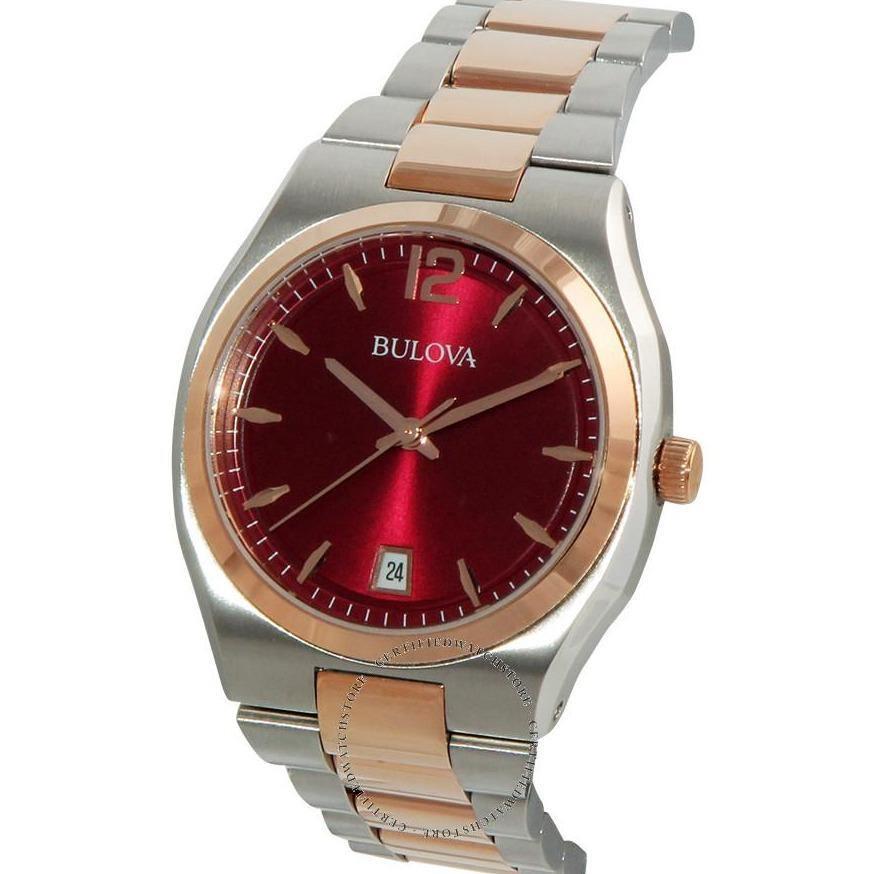 Bulova Classic Dress Ladies Quartz Watch With Burgundy Dial Analogue Display And Rose Gold/silver Ion-plated Bracelet 98m119