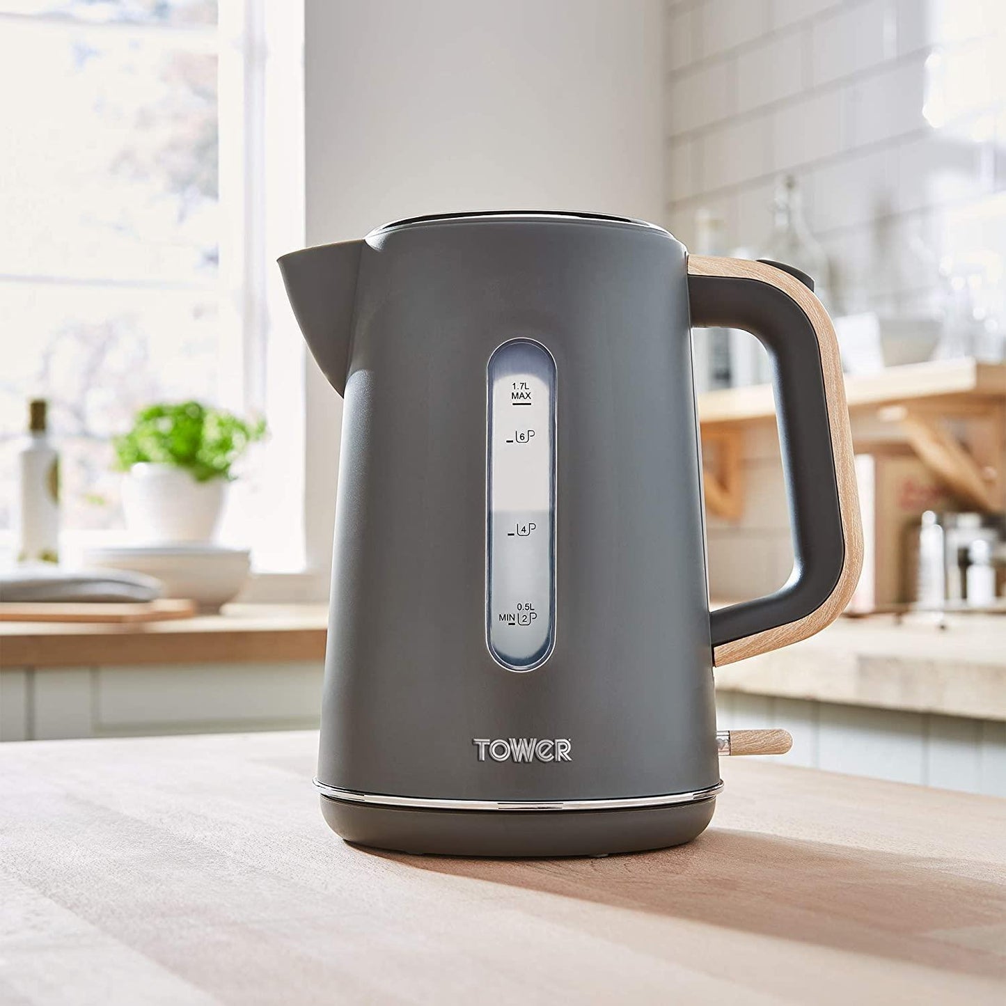 Tower Scandi Cordless Rapid Boil Kettle 1.7L 3000w Grey/Wood Accents- T10037G