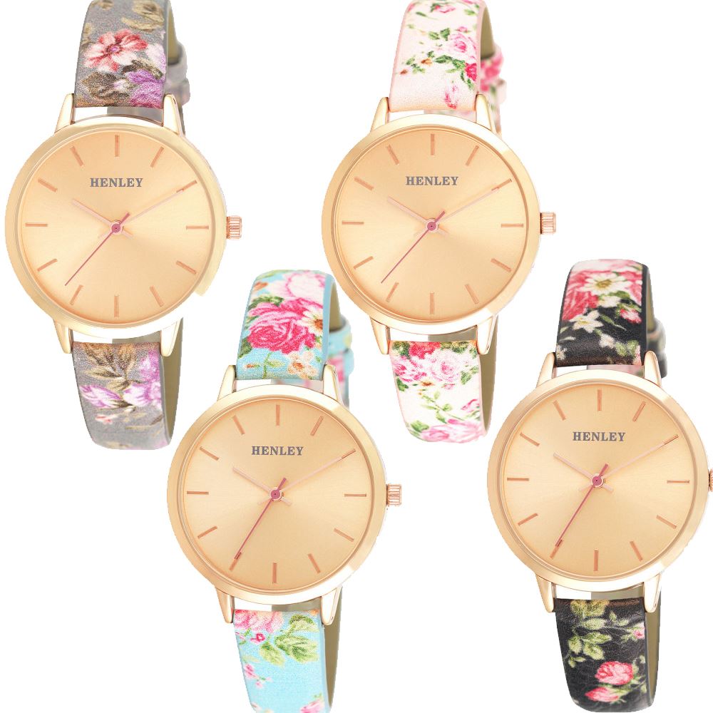 Henley Women's Fashion Casual Spring Floral Leather Strap Watch H06154.5