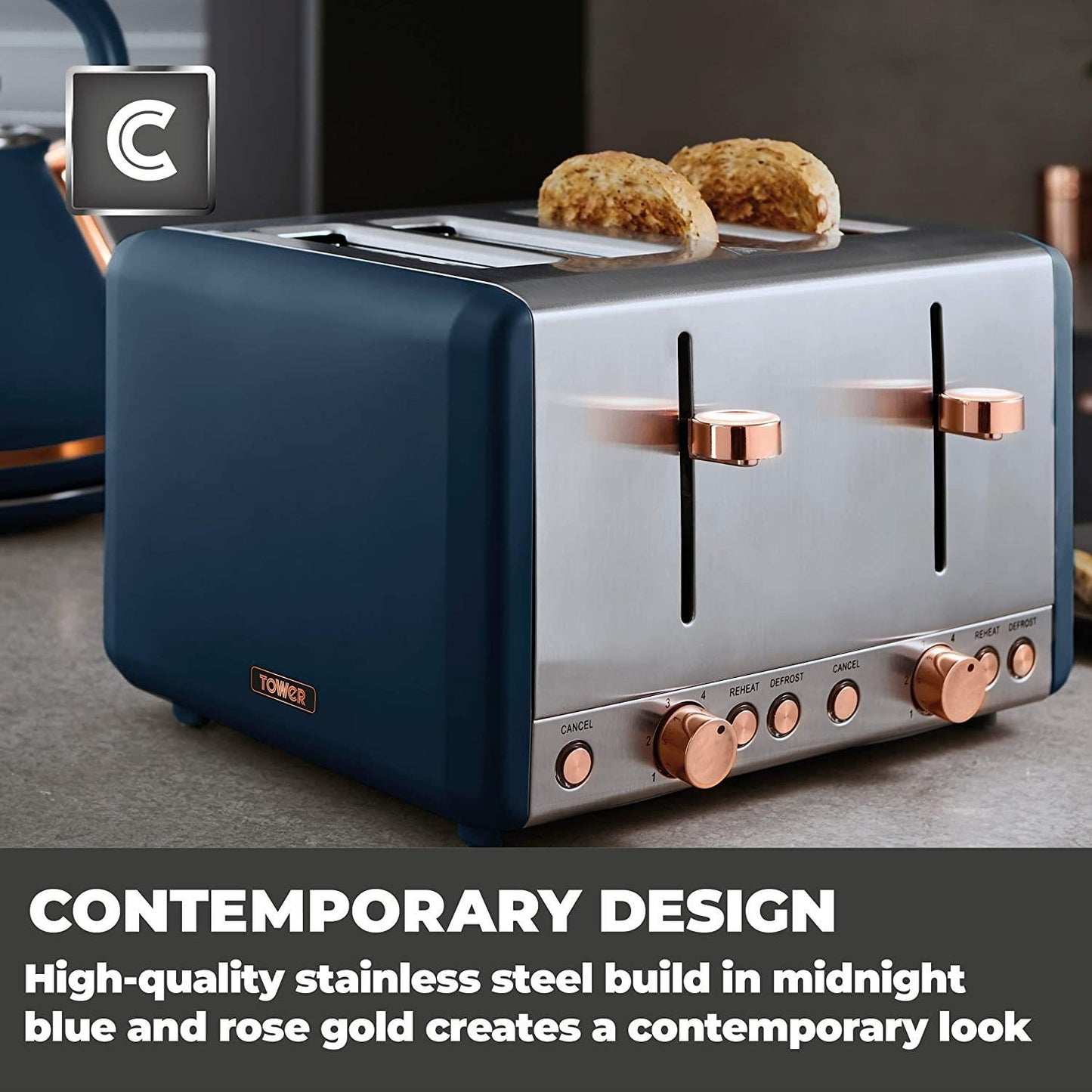 Tower Cavaletto 1800W 4 Slice Stainless Steel Toaster - Blue/Rose Gold