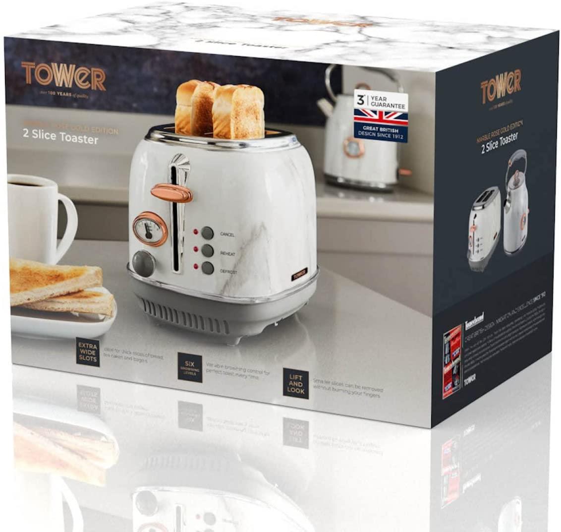 Tower 2 slice Stainless Steel Toaster with Adjustable Browning Control, Defrost and Reheat Settings, White Marble and Rose Gold- T20016wmrg