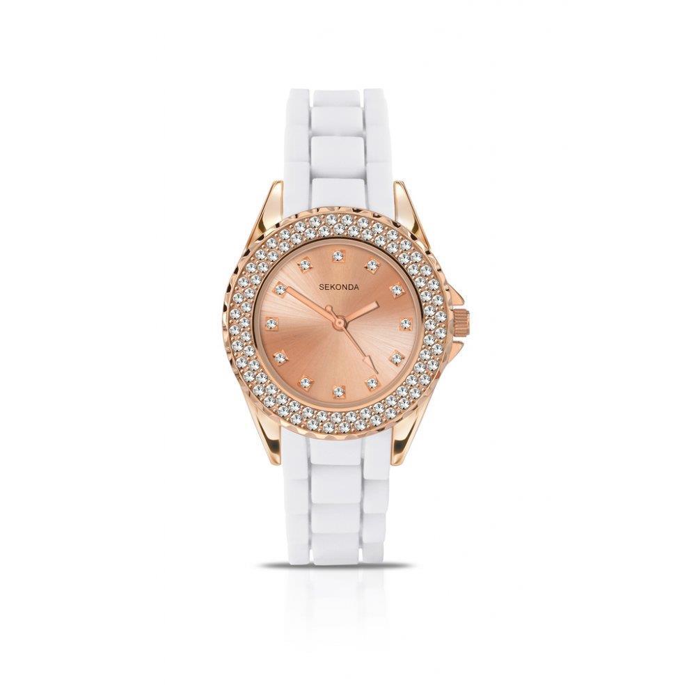 Sekonda Ladies Rose Gold Dial Analogue White Silicone Strap Watch 4653