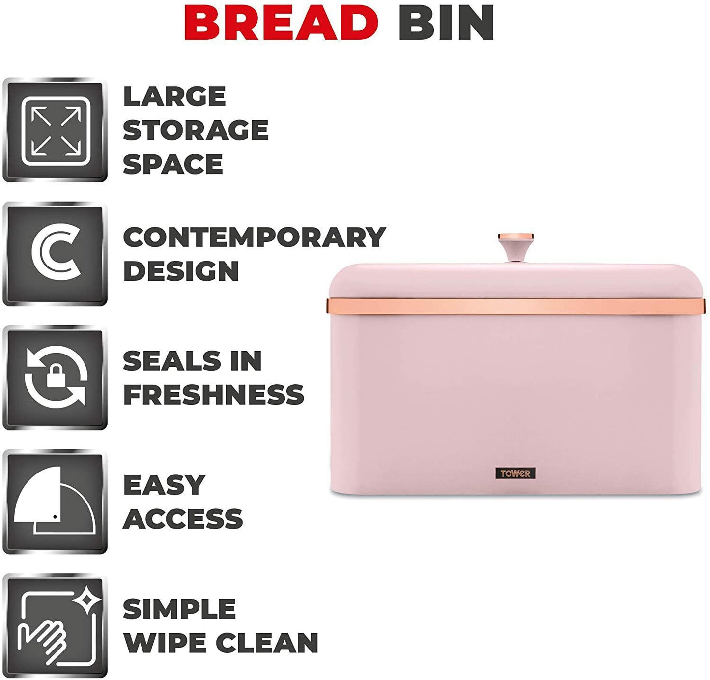 Tower T826130PNK Cavaletto Bread Bin Storage, Carbon Steel, Removable Lid, Marshmallow Pink and Rose Gold