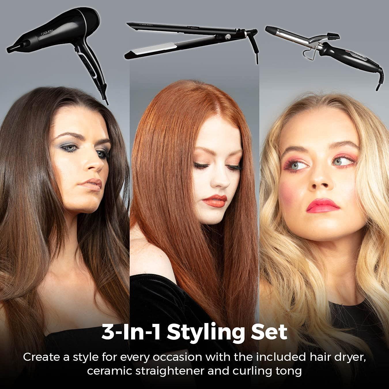 Carmen 3-in-1 Hair Styling Set with Hair Dryer, Ceramic Straightener, Curling Tong- Black