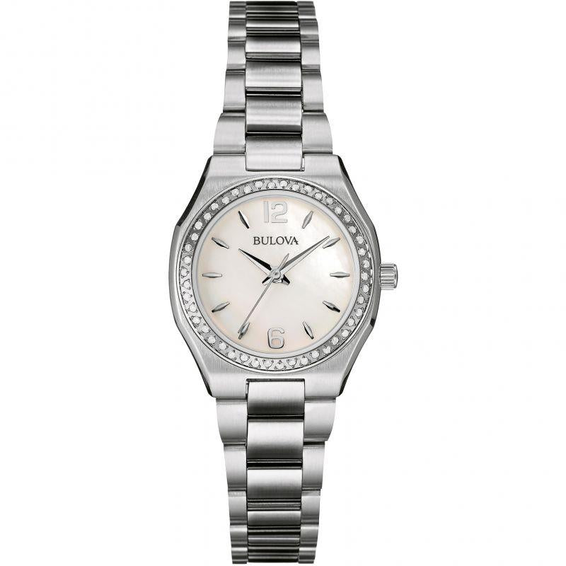 Bulova Ladies Diamond Quartz Watch With Mother Of Pearl Dial Analogue Display And Silver Stainless Steel Bracelet 96r199