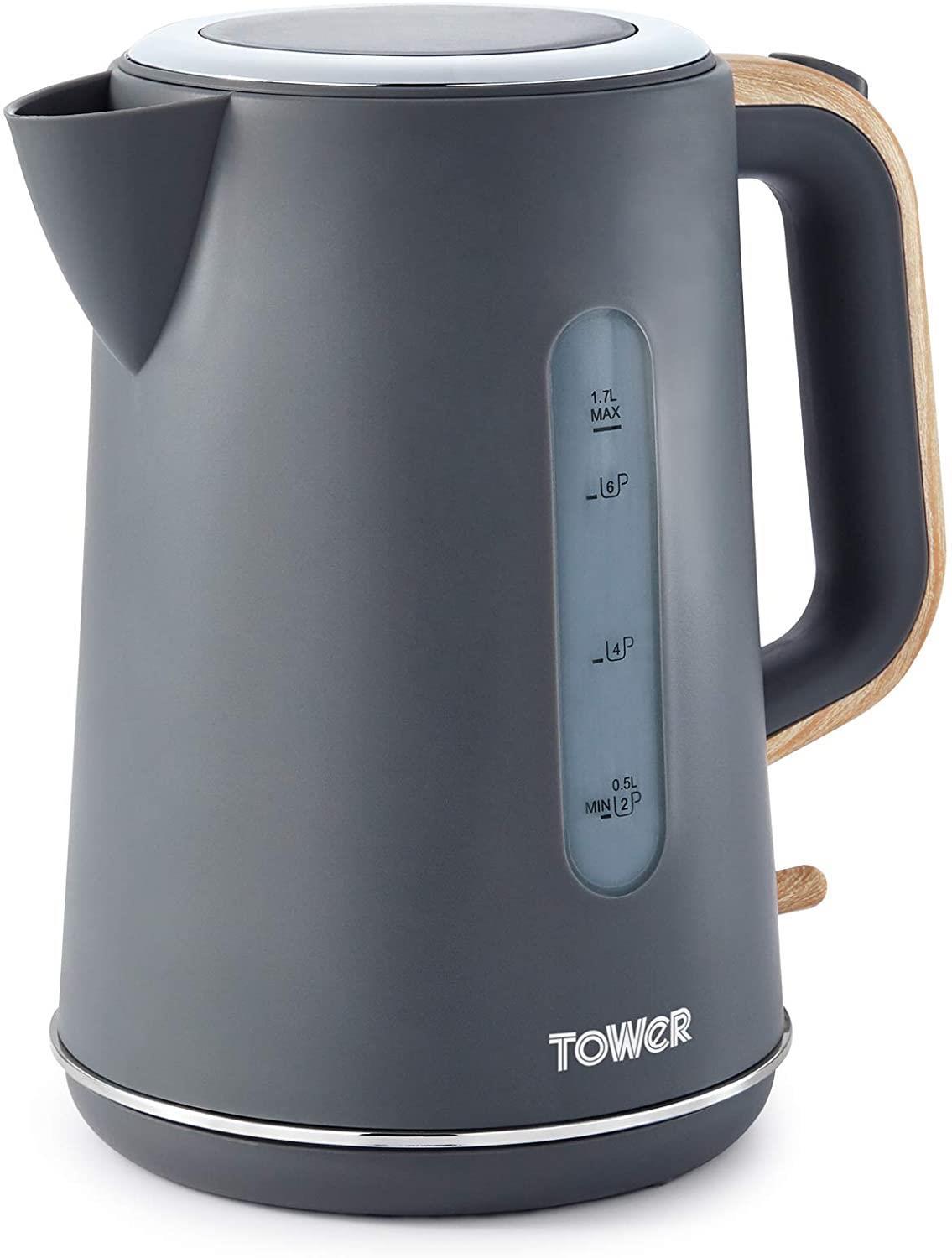 Tower Scandi Cordless Rapid Boil Kettle 1.7L 3000w Grey/Wood Accents- T10037G