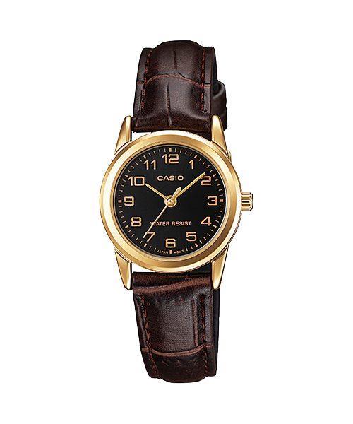 Casio Ladies Fashion Designer Black Dial Gold Case Brown Leather Strap Watch Ltp-v001gl-1budf