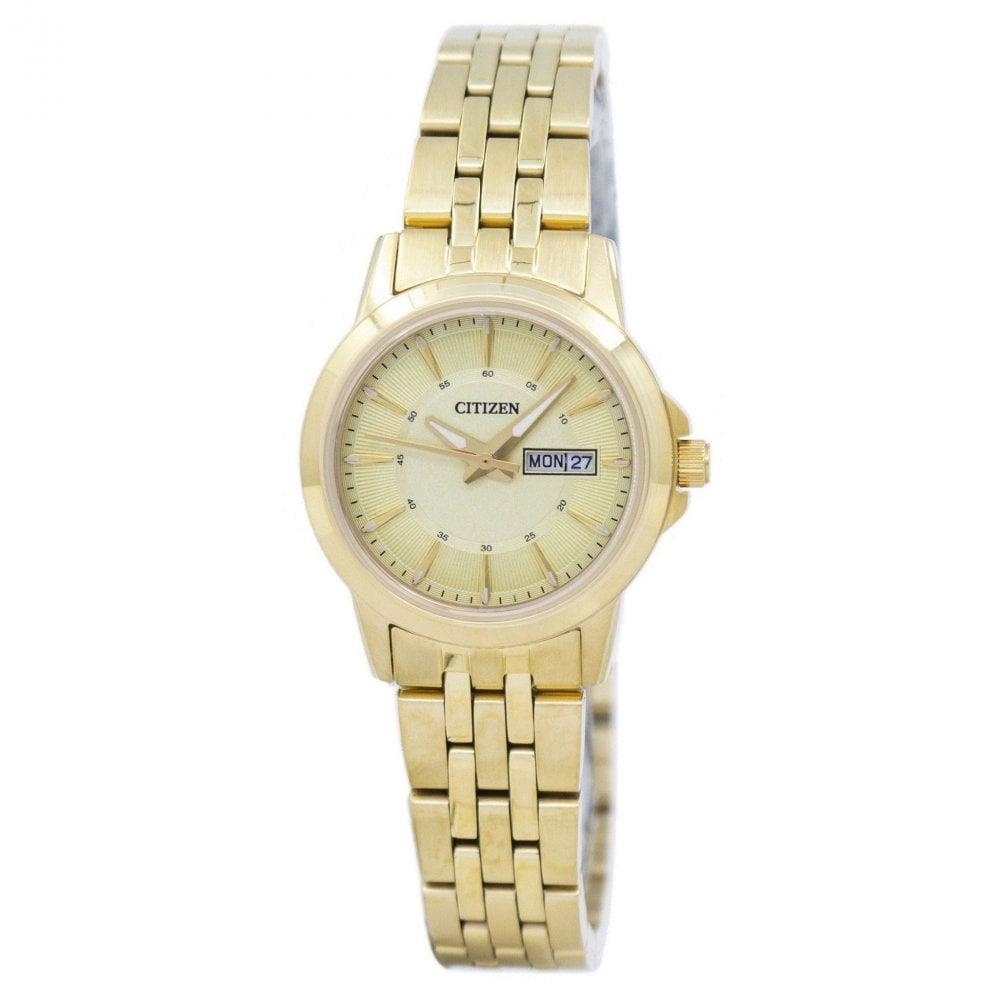 Citizen Ladies Day/Date Gold Dial with Gold Tone Bracelet Watch EQ0603-59P
