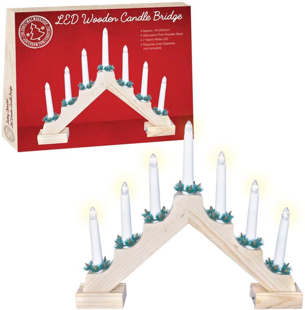 The Christmas Workshop Wooden Christmas Candle Bridge Pine Wood Finish Warm White LED Colour 40cm x 33cm x 5cm Battery Powered