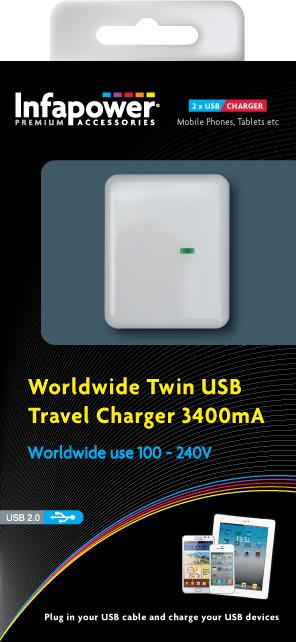 Infapower Worldwide Twin USB Travel Charger 3400mA- P024