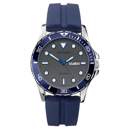 Sekonda Mens Day Date Grey Dial Blue Rubber Strap Watch - 1702
