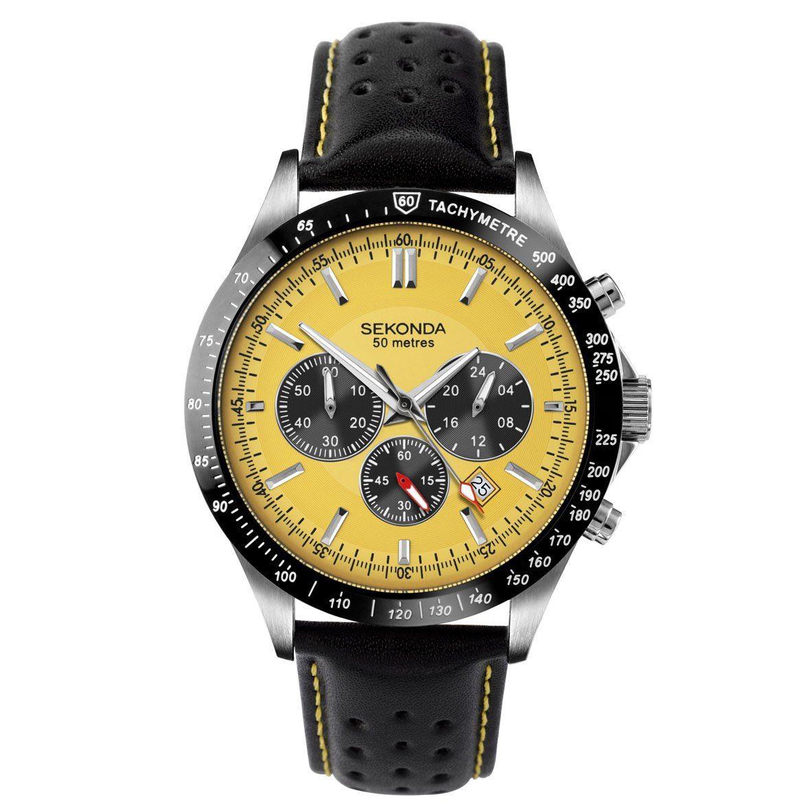 Sekonda Mens Chronograph Yellow Dial Leather Strap Watch 1395